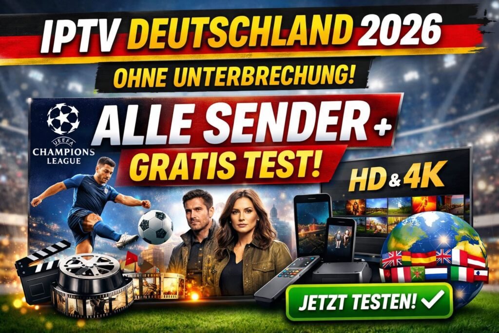 IPTV Deutschland 2026 - Alle Sender in HD & 4K, Champions League, Gratis Test für IPTV Abo - Fernsehen auf TV und mobilen Geräten, Jetzt Testen!
