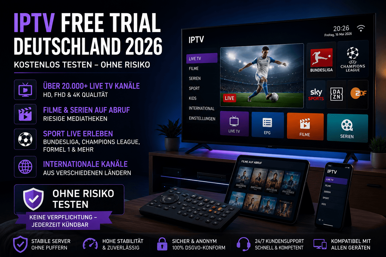 IPTV Free Trial Deutschland 2026 mit Live TV, Bundesliga, Champions League und 4K Streaming auf Smart TV Geräten